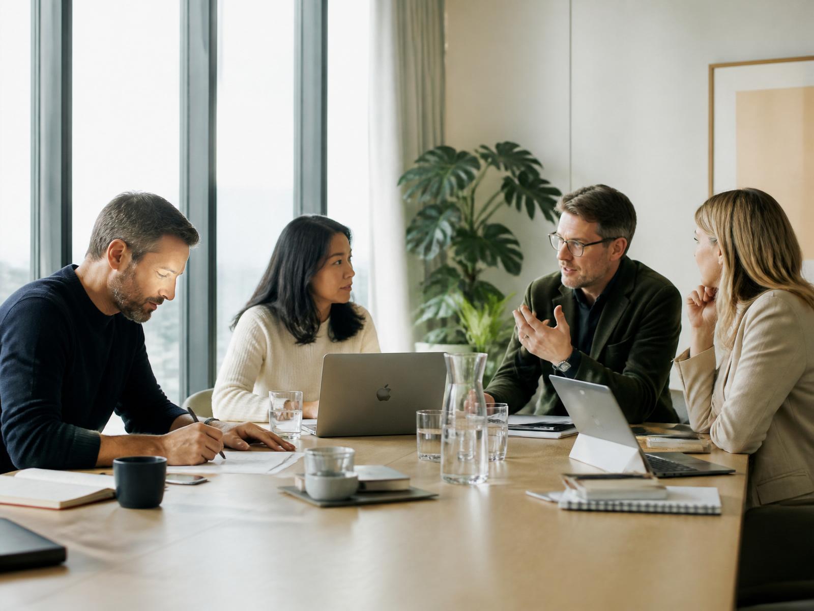 Equipo de profesionales conversando sobre estrategia en una sala de reuniones moderna con luz natural